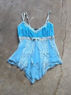 Vintage 90s Y2K Blue Beaded Sequin Lace Cami M Top Boho Whimsical Fairy